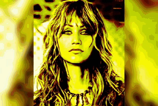 a painting of a woman 's face with a yellow background