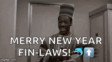a man wearing a hat is standing in front of a door and says merry new year fin-laws .