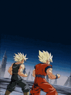 a cartoon of goku and trunks fighting each other