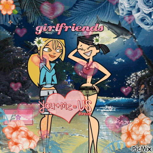 a picture of two girls with the words " girlfriends " on it