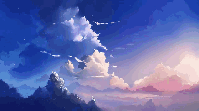 a painting of a blue sky with clouds and stars