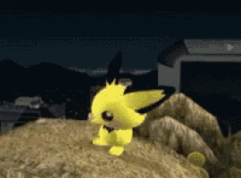 a yellow pokemon is standing on a rock in a video game