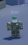 a roblox character wearing a green hat is standing on a blue floor .
