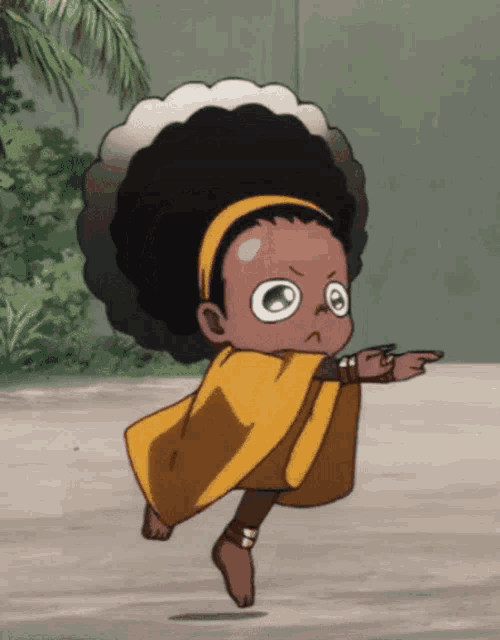 a cartoon character with a big afro and a yellow cape