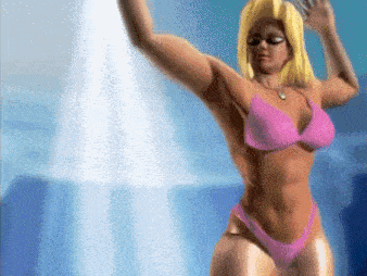 a woman in a pink bikini is dancing in front of a fountain