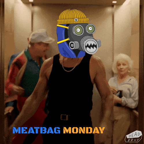 a man wearing a gas mask is in an elevator with the words meatbag monday