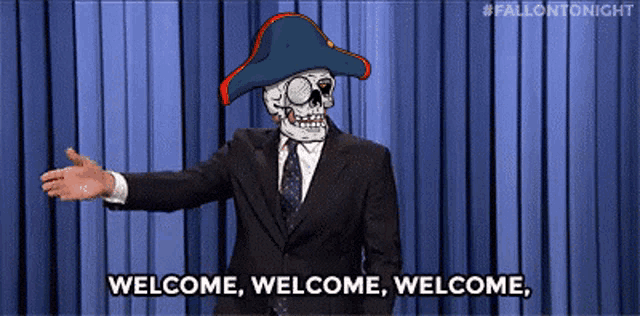 a man in a suit and tie with a skeleton on his head says welcome welcome welcome