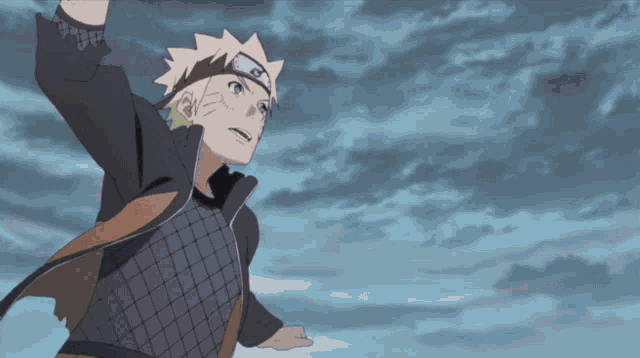 a cartoon character with the letter n on his head stands in front of a cloudy sky