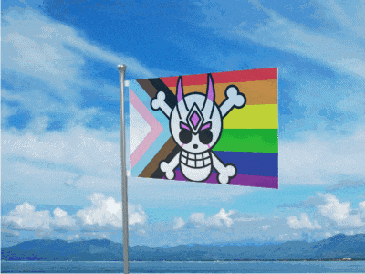 a rainbow flag with a skull and crossbones on it is flying in the wind