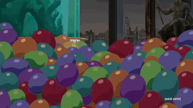 a polar bear is surrounded by colorful balloons and says adult swim on the bottom