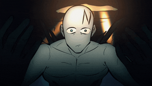 a cartoon drawing of a man with a n on his head