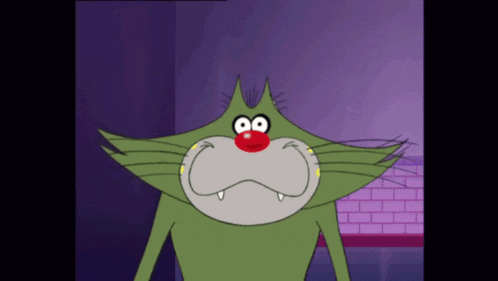 a cartoon cat with a red nose and a big mouth