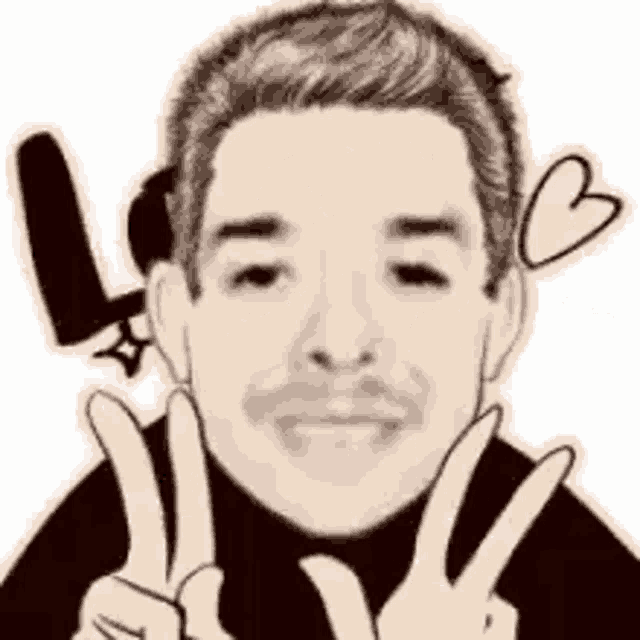 a man with a mustache is giving a peace sign with his fingers .