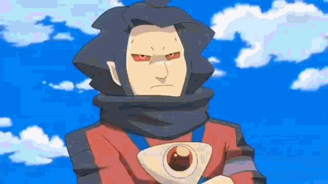 a cartoon character with a scarf around his neck is holding a triangle shaped object .
