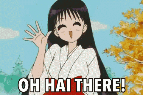 a girl in a kimono is waving her hand and says `` oh hai there '' .