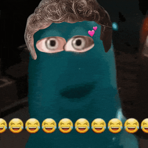 a cartoon character with a heart on his forehead is surrounded by laughing and crying emojis