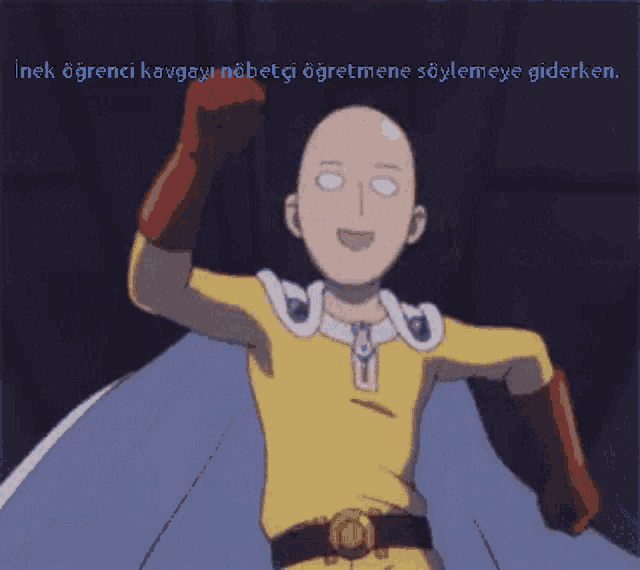 a bald man in a yellow superhero costume is waving his hand