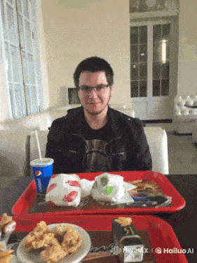 a man sitting at a table with a tray of food and a pepsi drink