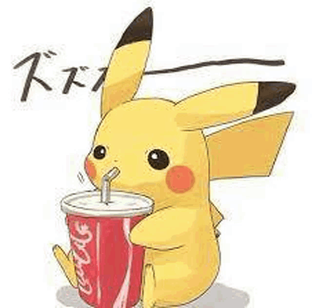 a pikachu is holding a cup of coca cola with a straw .