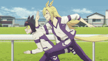 a couple of anime characters giving each other a high five in a field