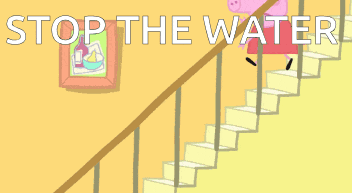 a cartoon of peppa pig walking up a set of stairs with the words " stop the water " above her