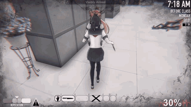 a video game screen shows a girl holding a knife and says visiblely armed