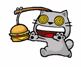 a cartoon cat is holding a hamburger with a fishing rod .