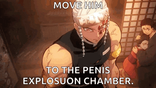 a man is standing in a room with the words move him to the penis explosion chamber written on it .