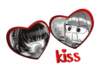 two heart shaped mirrors with the word kiss in red