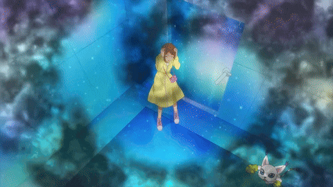 a girl in a yellow dress is standing in a blue room with a cat