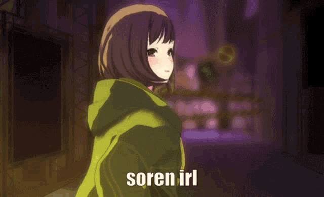 a girl in a green jacket is standing in a dark room with the words " soren irl " above her