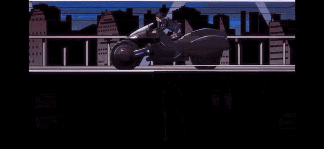 a man with purple hair rides a motorcycle over a bridge