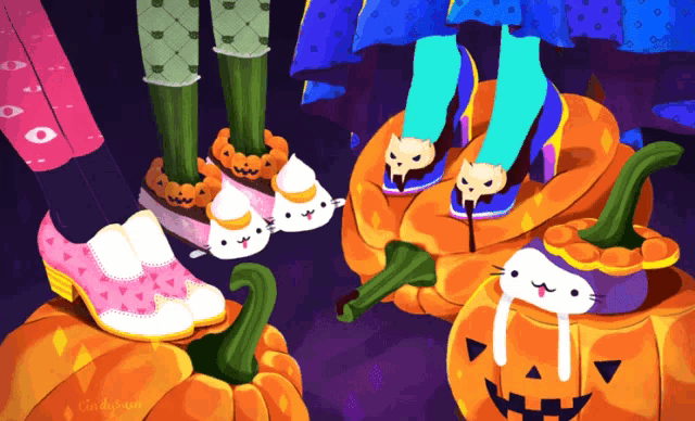 a drawing of a person standing on a pumpkin with a cat on the top