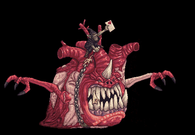 a pixel art of a goblin holding an envelope on top of a monster