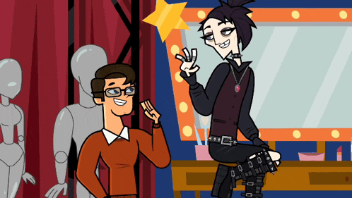 a man and a woman are standing next to each other in a cartoon