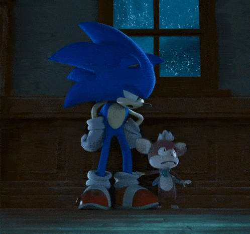 sonic the hedgehog is standing next to a small cartoon character