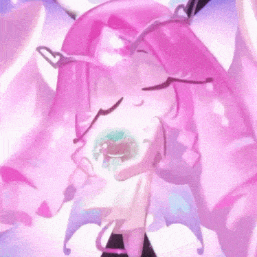 a girl with pink hair and wings is holding a snow globe .