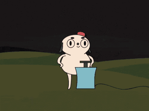 a cartoon dog is standing next to a blue cylinder