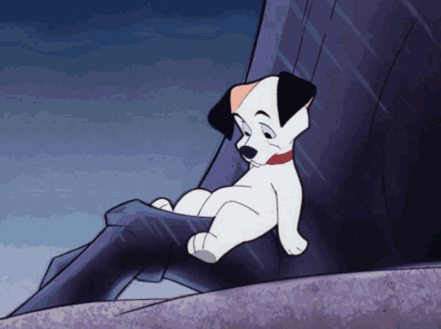 a cartoon dalmatian dog is sitting on a purple surface
