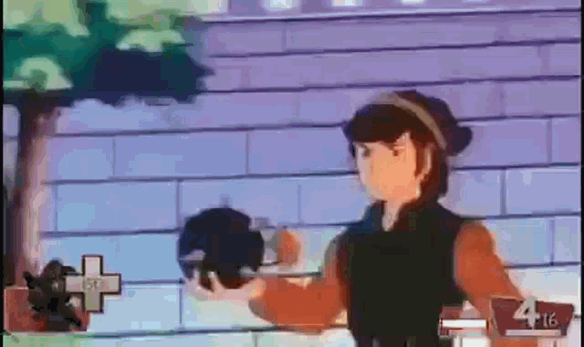 a cartoon character is holding a black object in front of a brick wall with the number 416 on it
