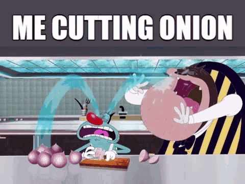 a cartoon of oggy the cat cutting an onion with the caption me cutting onion