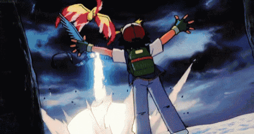 a cartoon character is standing in front of a pokemon .