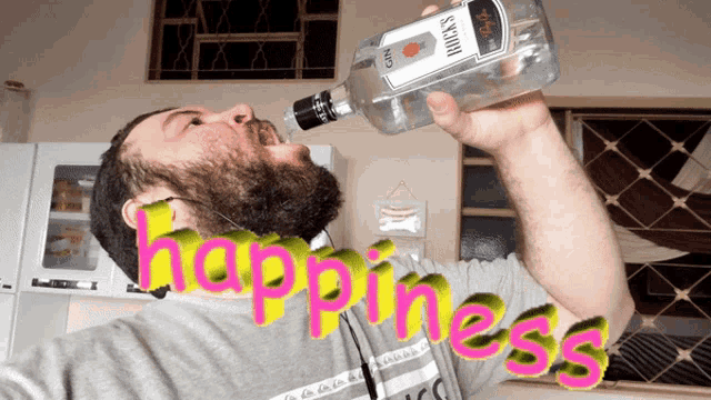 a man drinking a bottle of hicks gin with the word happiness behind him