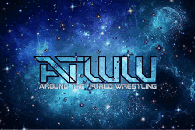 a logo for around the world wrestling against a galaxy background
