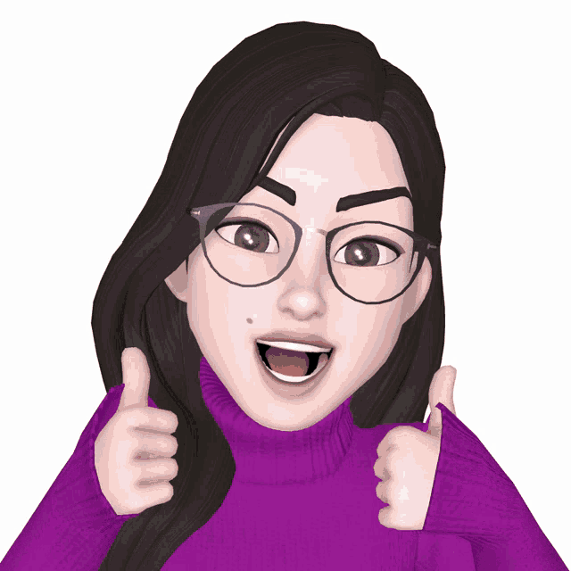 a cartoon woman wearing glasses and a purple sweater gives a thumbs up