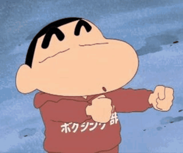 a cartoon character is wearing a red hoodie and giving a fist .
