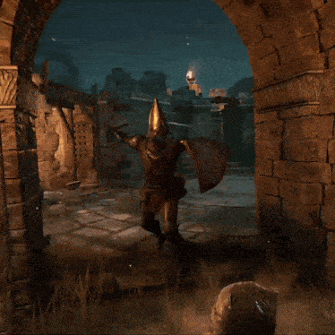 a knight in armor is holding a sword in front of a brick archway