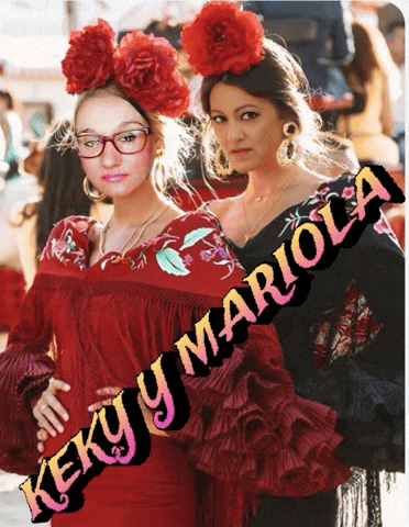 two women wearing red and black dresses with the words keky y mariola above them