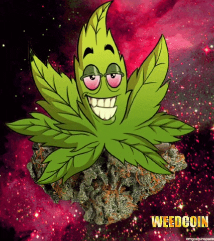 a cartoon of a marijuana leaf with pink eyes and the words weedcoin written below it