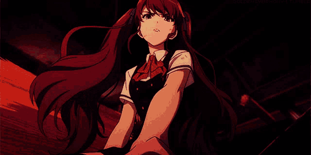 a girl with long red hair holding a sword
